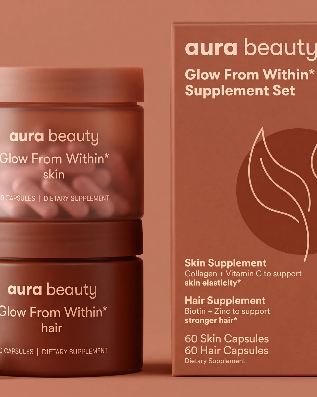 aura beauty glow from within skin hair supplement box packaging design