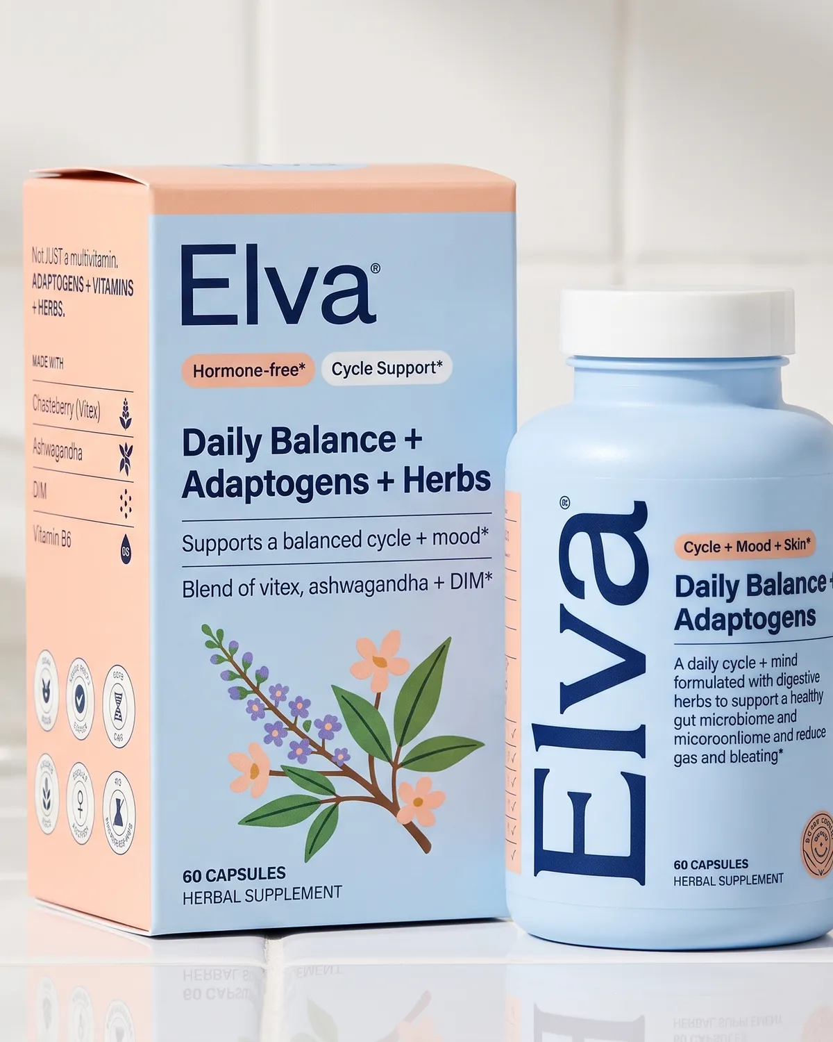 Elva daily balance adaptogens supplement box and bottle packaging design