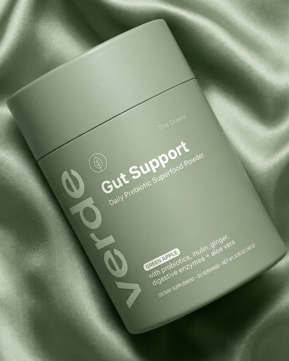 verde gut support superfood powder tub label design on sage fabric